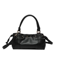 Black leather bowling bag with gold ring drawstring and adjustable shoulder strap - Black