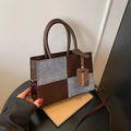 Brown leather and grey tweed checkered crossbody tote bag with round handles - Brown