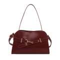 Vintage burgundy glossy leather handbag with gold metal buckles and crossbody strap - Red