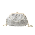 Weiße Party-Clutch mit silbernem Schmetterlingsdruck, Kunstperlen und Goldkette - Grau