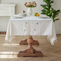 Rectangle cream linen tablecloth with blue bee embroidery and elegant beige tassels - Bee Daisy Waterproof Tablecloth