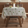 Beige linen tablecloth with green cactus embroidery and white tassel fringe detail - 135*135cm / Cactus Embroidery