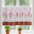 Sheer white cafe curtain with tulip embroidery and brown pleated lace trim for windows - Pink Tulip