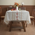 Cream geometric embroidered tablecloth with ethnic patterns and tassels for dining table - 150x100 / Red