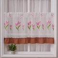 White sheer cafe curtain featuring pink tulip embroidery and brown pleated trim edge - 150*60cm / Pink Tulip