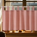 Detail of red checkered cotton linen cafe curtain with hanging tabs and blue trim - 100x45 / Light Red Plaid