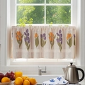 Linen coffee curtain with orange and purple tulip print and pleated rod pocket design - Small / Multicolor Tulip