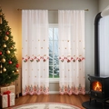 Sheer white Christmas curtain with colorful festive embroidery of Santa and snow - 130x214 / Christmas Sleigh