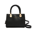 Black woven handle handbag with gold metal hardware and fashion text detail - Black