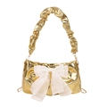 Metallic gold ruched shoulder bag with a large white tulle bow and gold chain strap - Gold