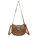 Brown leather crescent shoulder bag with metallic double ring buckle and chain strap - Brown