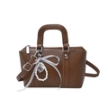 Dark brown leather handbag with white lace bow and pearl charm for women - Brown