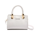 Minimalist white leather crossbody bag with woven handle and fashion logo print - White