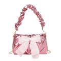 Metallic pink pleated shoulder bag with a large white bow and gold chain strap - Pink