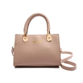 Chic nude trapezoid handbag with woven handles and gold FASHION lettering - Khaki