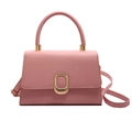 Elegant pink PU leather square handbag with gold buckle and adjustable shoulder strap - Pink