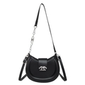 Sleek black crescent shoulder bag with silver chain and metal buckle closure - Black