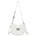 Minimalist white crescent shoulder bag with silver chain and H-shaped metallic hardware - White
