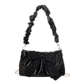Glossy black handbag with large bow and ruffled handle featuring golden chain strap - Black