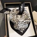 Elegant black and white camellia silk scarf for women styled on a luxury gift tray - 53*53cm / Beige-Black