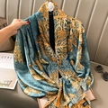 Silky fashion scarf with blue and orange botanical prints and butterfly motifs - 90*180cm / Light Blue & Yellow