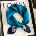 Close-up of silk square scarf in peacock blue with white leaf print and satin finish - 53*53cm / Blue Floral (ZS-260-Blue)