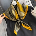 Silk square scarf with golden leaf vein patterns and white camellia flower decoration - Yellow Border (ZC-171) / 70x70cm