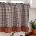 Brown checkered kitchen tier curtain with rustic reddish-brown ruffle edge detail - 100*60 / Coffee Plaid
