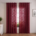 Pair of sheer burgundy lace curtains with elegant floral patterns in rod pocket style - Burgundy Rose