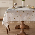 Rectangle cream tablecloth with orange floral embroidery and delicate tassel edges - Orange White Dandelion