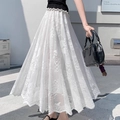 Elegante gonna midi a ruota in pizzo floreale bianco con vita elastica e fodera - Motivo a farfalla