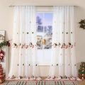 Sheer white Christmas curtains with embroidered Santa and snowflake festive patterns - 130x214cm / Santa Claus with Backpack