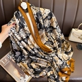 Elegant oversized silk shawl featuring cream rose and butterfly prints on a black base - 90x180cm / Ginger Yellow & Black (F-200-1)