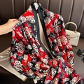 Elegant oversized silk scarf with red rose and butterfly print for beach vacations - 90x180cm / Red & Black (F-200-1)