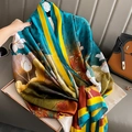 Elegante sciarpa in seta con stampe classiche di loto e farfalle in toni vintage - Blu / 90*180cm