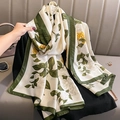 Elegant silk scarf with white camellia pattern and dark green borders on a sofa - 90*180cm / Beige and Green