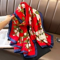 Elegant red floral silk scarf with white roses and navy borders for women fashion - 90*180cm / Red