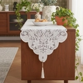 French vintage white lace table runner with hollow floral embroidery and elegant tassels - 40*150cm / White