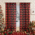 Christmas red plaid blackout curtains with holly and poinsettia floral patterns for home decor - 140*100cm Single Panel / Red Black Plaid Flower