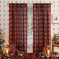 Christmas red and black buffalo plaid curtains with festive poinsettia and holly floral patterns - 140*100cm Single Panel / Red Black Plaid Flower