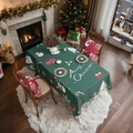 Dark green Christmas tablecloth with snowman and reindeer patterns for holiday dining decor - 140*100 / Green Merry Christmas