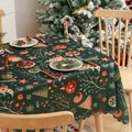 Dark green Christmas tablecloth with red trees and gold stars featuring wave edges - Green Christmas