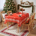 Christmas red tablecloth with white reindeer and town print and wavy scalloped edges - 140*180cm / Red Christmas House