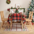 Mantel navideño con cuadros rojos y negros, estampado de poinsetia y bordes ondulados - 140*100cm / Cuadros Rojos y Negros con Estampados Florales