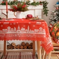 Red Christmas tablecloth with Nordic house prints and scalloped edges for festive decor - Christmas Red House