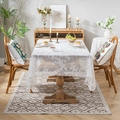 Elegant white lace tablecloth with floral embroidery and scalloped edges for rectangular tables - White