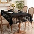 Close-up of intricate black lace floral embroidery on vintage style tablecloth - 140*100cm / Black