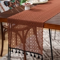 Detail of hollow lace table runner with geometric patterns and black fringe tassels - Greek Key Square Embroidery Brown / 35*220cm