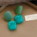 Retro geometric resin block earrings in olive green and marbled teal with gold accents - Green & Cyan Color Block