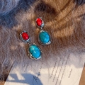 Vintage silver earrings with turquoise teardrop stones and red cabochon accents - Contrasting Turquoise